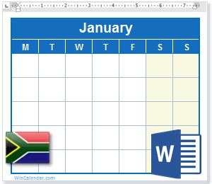 2025 Calendar with South Africa Holidays - MS Word Download