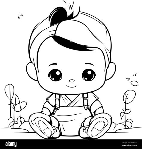 Cute baby boy sitting on the ground. Vector illustration for coloring book Stock Vector Image ...