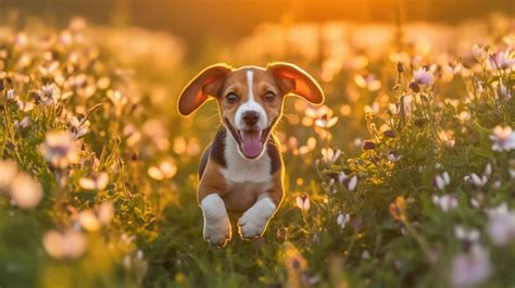 A cheerful Beagle puppy with big floppy ears, excitedly exploring a ...