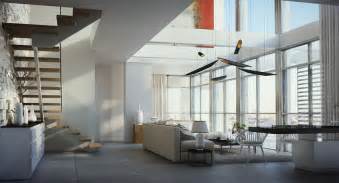 Soaring ceilings, glass walls and white and neutral walls and floors ...