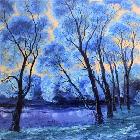 Landscape painting beautiful tree blue forest lake Original | Etsy