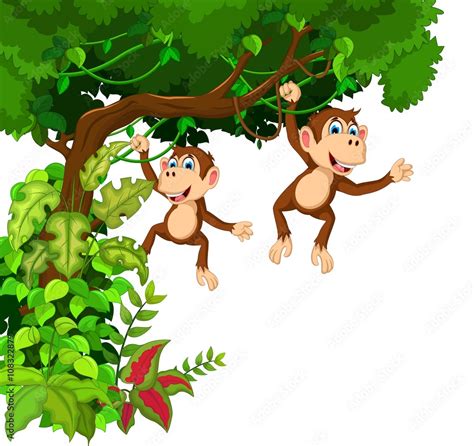 funny two monkey cartoon hanging in the tree Stock Vector | Adobe Stock