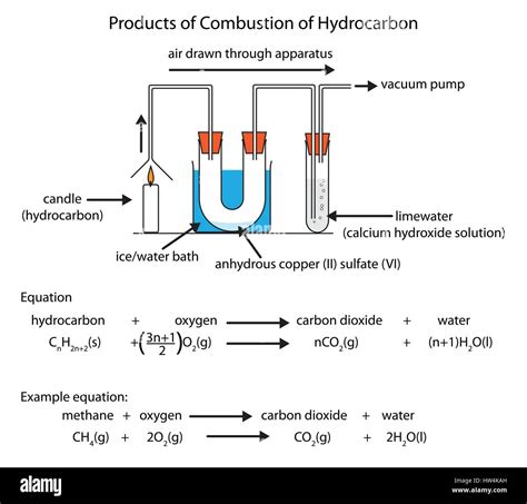 Labeled diagram showing the products of hydrocarbon combustion. Vector diagram for educational ...