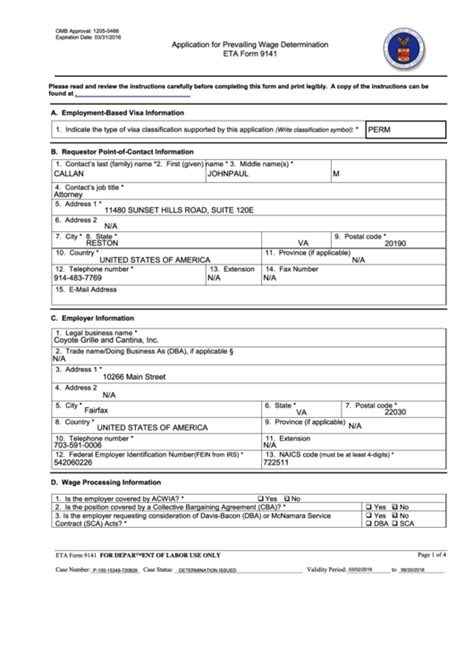 Application For Prevailing Wage Determination Eta Form 9141 U.s. Department Of Labor printable ...