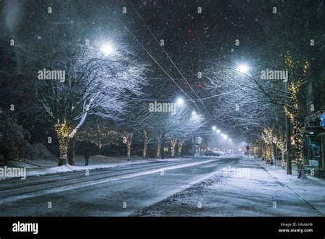 snowy road at night in downtown in winter season Stock Photo - Alamy