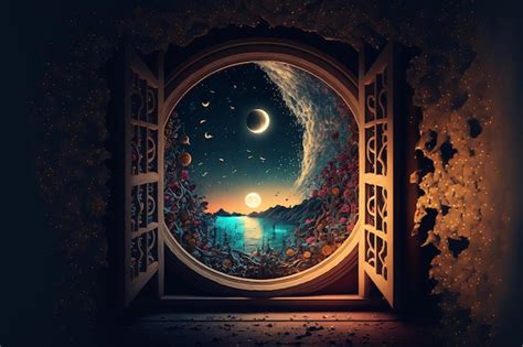 Premium Photo | View from room with open window night sky with moon and stars