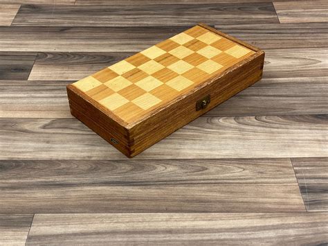 Vintage Magnetic Travel Chess Set, Folding Wood case Board and Plastic pieces, made in Japan