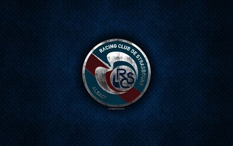 Download wallpapers RC Strasbourg Alsace, French football club, blue metal texture, metal logo ...