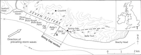 The Seven Sisters coast and its vicinity, East Sussex, England. The map ...