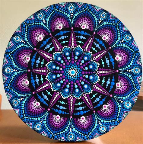 Gorgeous dot Mandala on 12" round stretched canvas in shades of blue, purple, turquoise ...