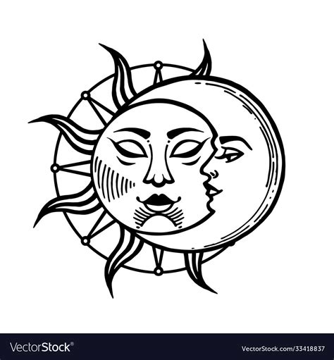 Moon and sun tattoo with face stylized Royalty Free Vector