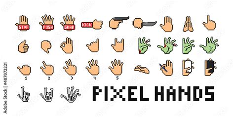 Hand gesture pixel art set. Video gme interface element. Human, zombie ...