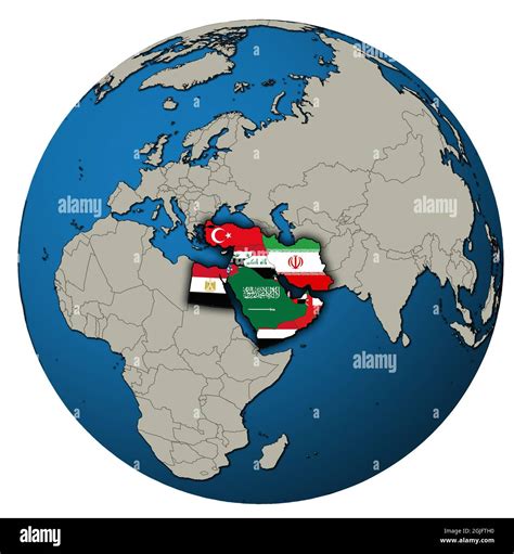 Territory and borders of middle east region with country flags on globe ...