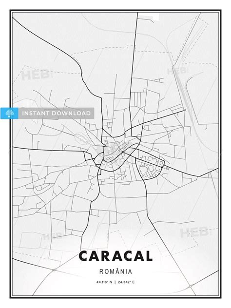 This printable map template of Caracal, Romania with Cityname, Country and Coordinates has been ...