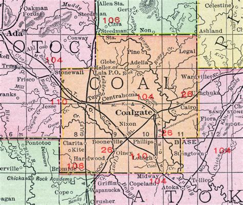 Coal County, Oklahoma 1911 Map, Rand McNally, Coalgate, Lehigh, Centrahoma