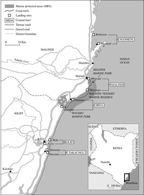 Map of the Kenyan coast including the Malindi and Kilifi districts, the... | Download Scientific ...