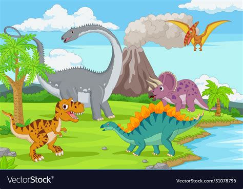 Group funny dinosaurs in jungle Royalty Free Vector Image