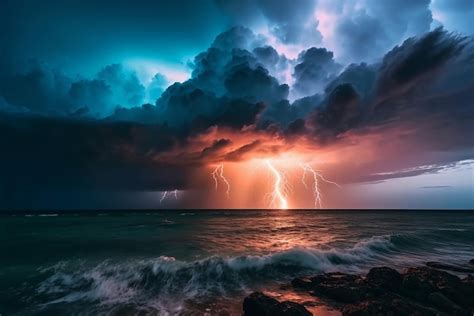 Premium AI Image | A lightning storm over the ocean with a blue sky and ...