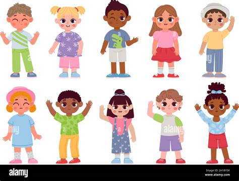 Happy diverse kids characters waving hands and greeting. Cartoon children boys and girls with ...