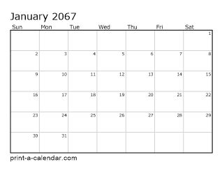 2067 Printable Monthly Calendar