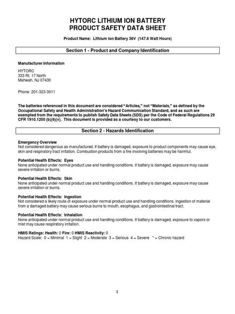 MSDS - Lithium Ion Battery 36V | PDF | Dangerous Goods | Personal ...