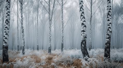 Foggy Birch Forest Scene In Russia Background, Birches In A Cold ...