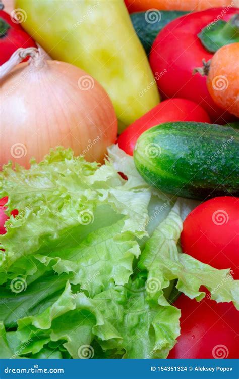 Vegetables: Lettuce, Onions, Tomatoes, Cucumbers, Onions, Carrots, Red Sweet Peppers Stock Photo ...