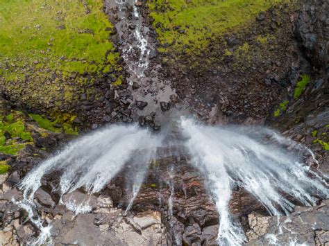 Aerial view above of breathtaking Fossá waterfall, Faroe Island. stock ...