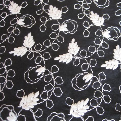 Vintage 50s Fabric Black & White Embroidered Fancy Cotton