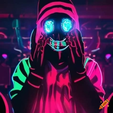 Neon anime dj with a mask playing in a club on Craiyon