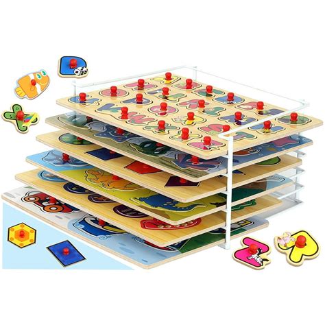 Bundaloo Toddler Puzzles Set of 6 with Storage Rack - Wooden Peg Puzzle ...