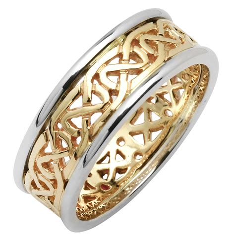 Irish Wedding Ring - Mens Celtic Knot Narrow Pierced Sheelin Wedding Band Yellow Gold with White ...