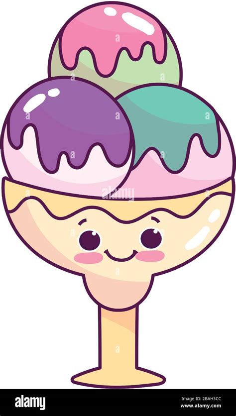 cute food ice cream scoops in cup sweet dessert kawaii cartoon vector illustration isolated ...