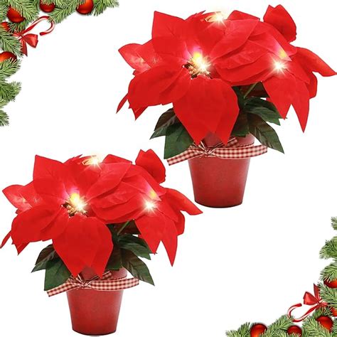 Amazon.com: Sunnyglade 2 Pack Lighted Poinsettia Flowers Pre-Lit Artificial Poinsettias Plants ...