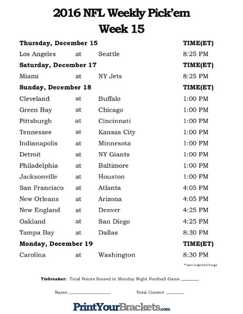 Printable NFL Week 15 Schedule Pick em Office Pool 2016