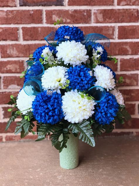for a 3 Inch Vase Cemetery Vase flowers ~ Beautiful Blue and Ivory chrysanthemum Silk flowers ...