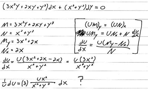 Find the integrating factor u(x) for this exact differential equation