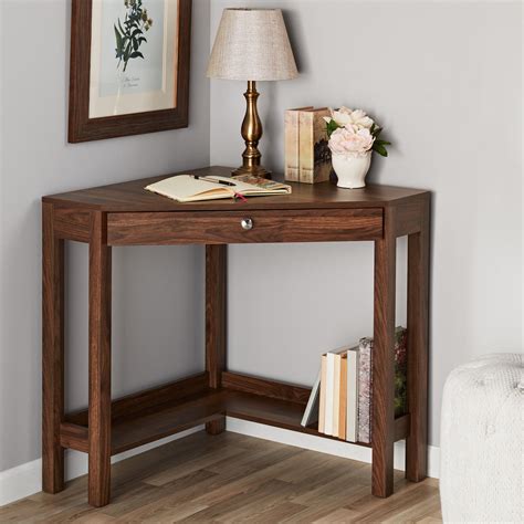 Corner Desks Walmart Mainstays Corner Writing Desk With Drawer And Lower Shelf, Brown Finish