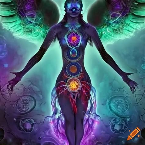 Image of a dark angel surrounded by glowing chakra lights on Craiyon