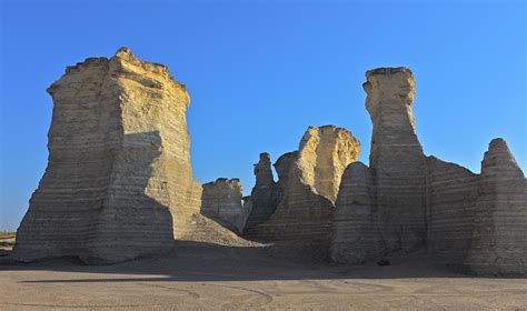 Monument Rocks, also known as the Chalk Pyramids, stand on the Kansas prairie west of U.S. 83 in ...