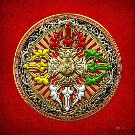 Tibetan Double Dorje Mandala - Double Vajra On Red Leather Digital Art by Serge Averbukh