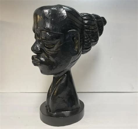 LARGE AFRICAN WOMAN Head Bust Wood Sculpture Black Painted Tribal 14 ...