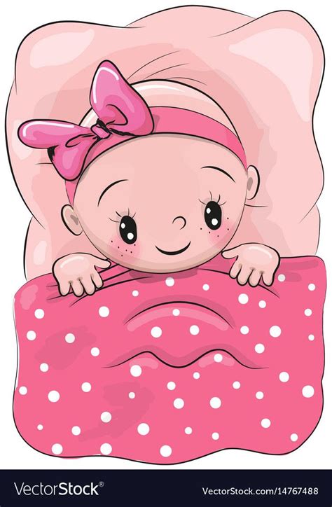 Cute Cartoon Sleeping Baby with a pink bow in a bed. Download a Free Preview or High Quality ...