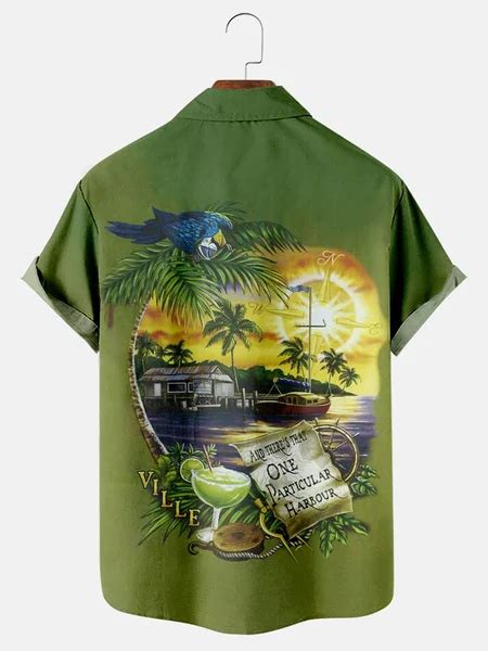 Men Jimmy Buffett Margaritaville Waikiki Print Short Sleeve Hawaiian ...