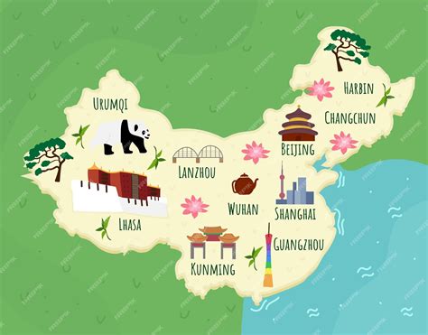 Premium Vector | Illustrated map of China with chineese landmarks buildings