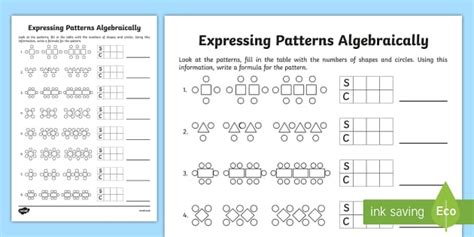 Expressing Patterns Algebraically Worksheet / Worksheet