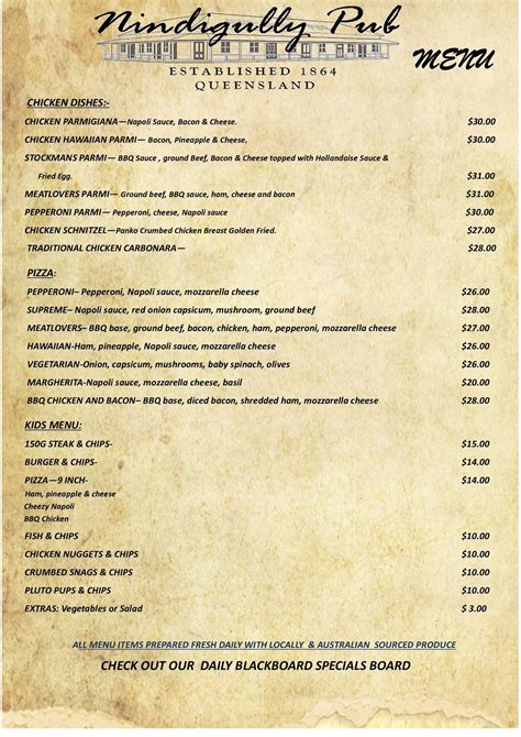 Menu at Nindigully Pub, Thallon, Nindigully Pub