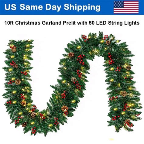 10FT Garland Prelit light Red Berries Snow Pine Cones Christmas Garland with 50 LED Lights ...