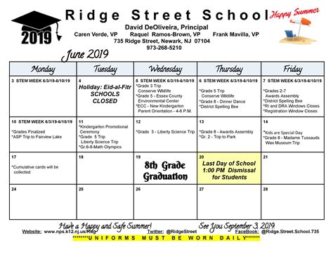 School Monthly Calendar - Ridge Street