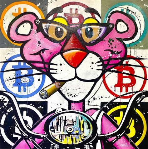 Contemporary Art - Oil on canvas - Pink panther likes Bitcoins ...